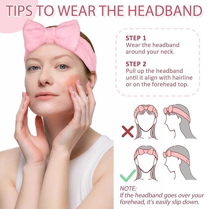 Fmeida Spa Headband and Wrist Band Set for Face Washing Skin Care Headband Pink Hairband 3 Pack