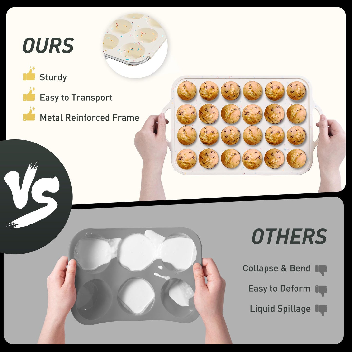 24 Cups Silicone Muffin Pan with Metal Reinforced Frame Mini Size Cupcake Pan Tray Egg Bites Silicone Circle Cookie Molds Muffin Tin Tart Pans Non Stick Toxic Oven Safe Baking Sheet Set