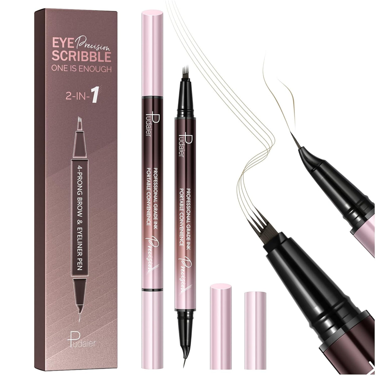 2 Pack Eyebrow Pen, Waterproof Microblading Eyebrow Pencil, 2-in-1 4 Tip Eye Brow Makeup Pen for Women with Precise Curved Brush-Tip Create Natural Hair-Like Brows, Last All-Day (Truffle)