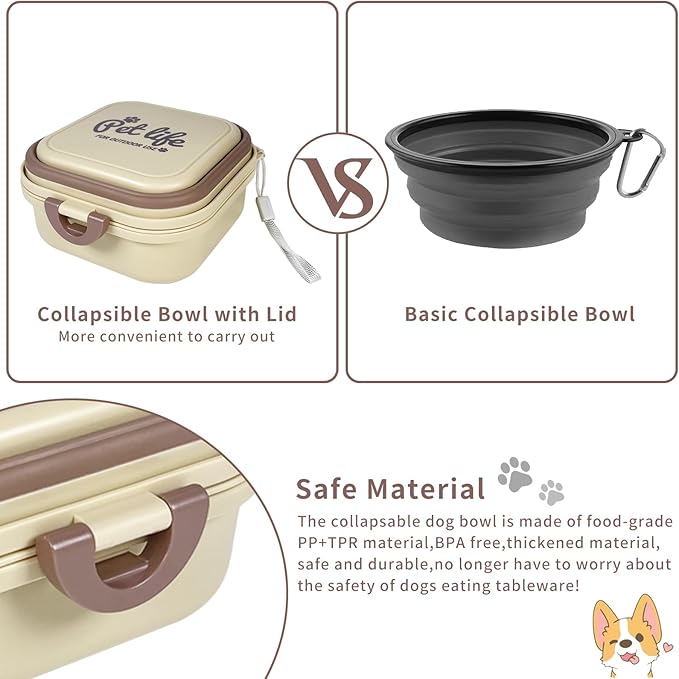 Collapsible Dog Water Bowl, Portable Dog Bowl for Traveling, 2-in-1 Pet Food and Water Feeder - Travel Dog Bowls with Lid for Walking, Traveling, Camping and Hiking