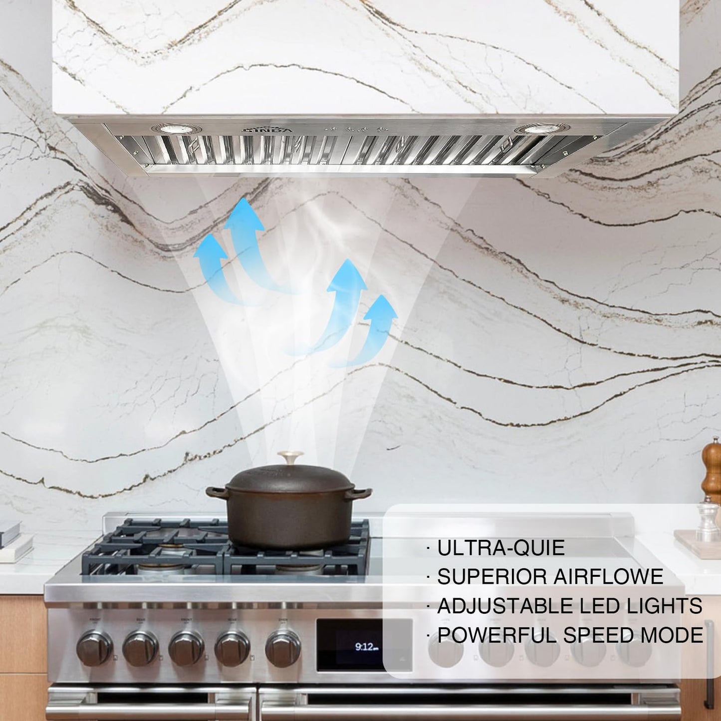 SINDA 30 Inch Built-In/Insert Range Hood, 4-Speed 610 CFM, Stainless Steel Under Cabinet Range Hood Kitchen Vent Hood with Liner and Internal Motor, 6" Duct, Adjustable Lights, Baffle Filter