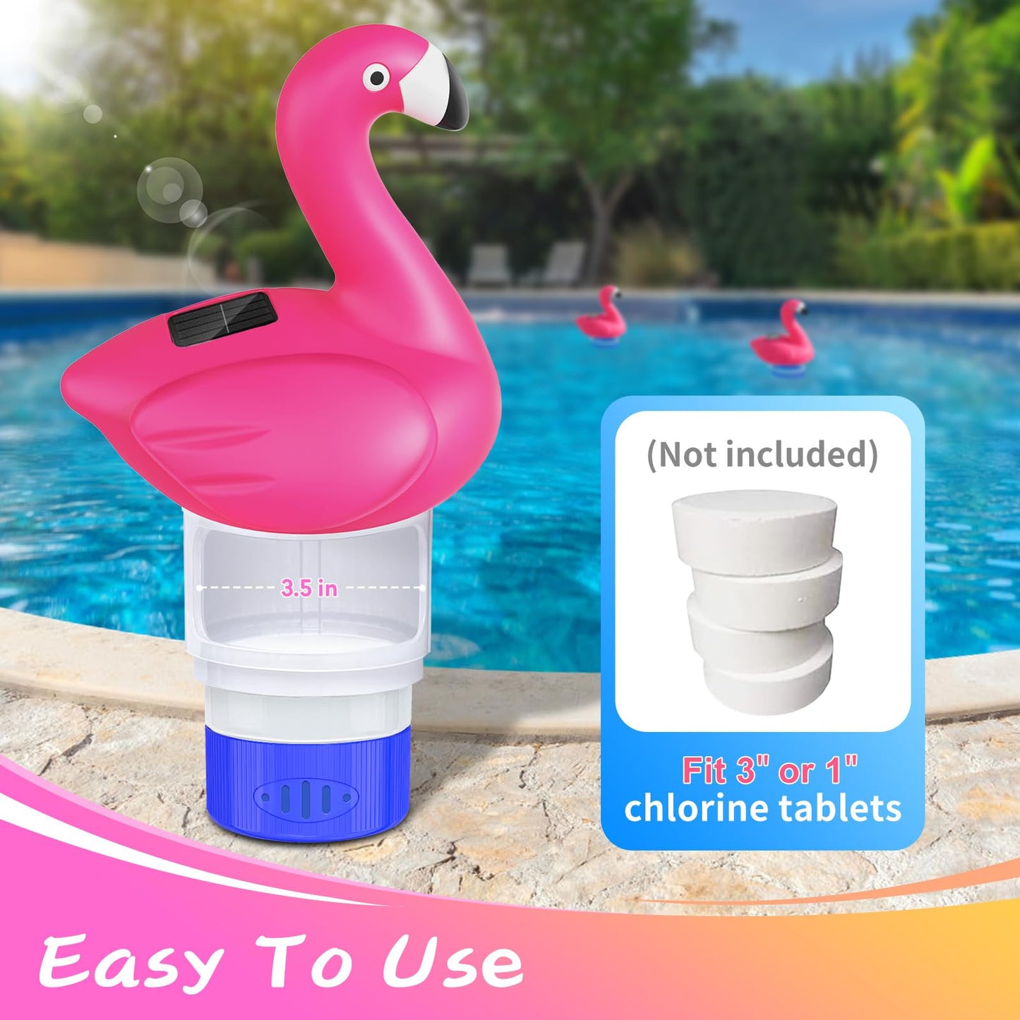 Covfirst Pool Chlorines Floater, 9 in Flamingo Chlorine Floater w/Light, Solar Chlorine Floater w/Adjustable Flow, Large Size Chlorine Tablet Floater, Floating Chlorines Dispenser for Pool Hot Tub