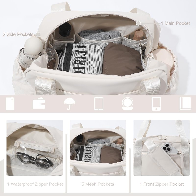 Bucosd Small Gym Bag for Women, Mini Crossbody Gym Duffle Bag with Wet Compartment, Carry on Gym Tote Bag for Workout Dance Sport Travel (Medium-Beige)