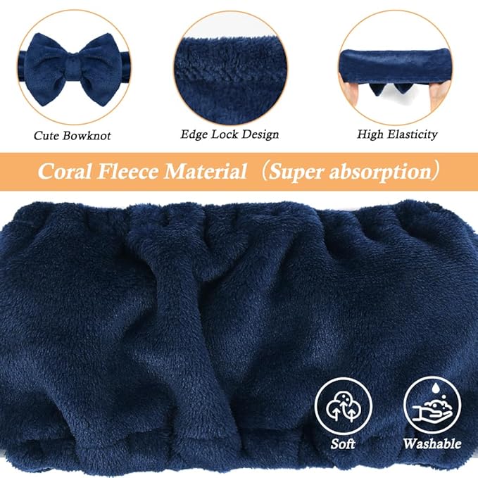 Shintop Face Wash Headband, Soft Spa Headband Carol Fleece Makeup Headwear with Cute Bow Elastic Hairband for Skincare Facial Mask ShowersÃ¯Â¼ÂNavy blueÃ¯Â¼Â