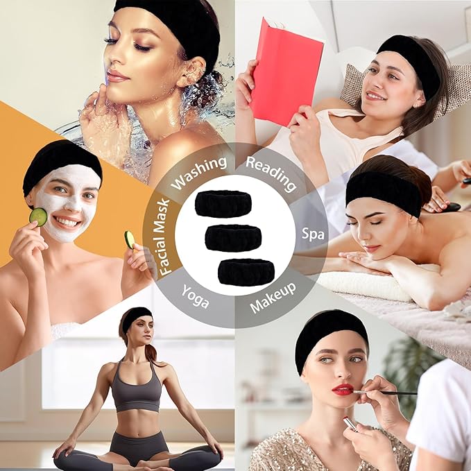 Microfiber Spa Headband 3-Pack, Soft Terry Cloth Headband for Washing Face, Facial Mask, Makeup, Shower, Yoga, Gift for Women and Teens (Black x3)