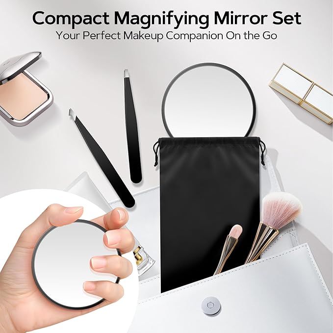 MIYADIVA Magnifying Mirror Set, 10x&20x&30x Suction Cup Makeup Mirror, 2 Tweezers & Storage Bag. 3.5in Compact Mirror for Travel, Bathroom, Home, Gifts for Women