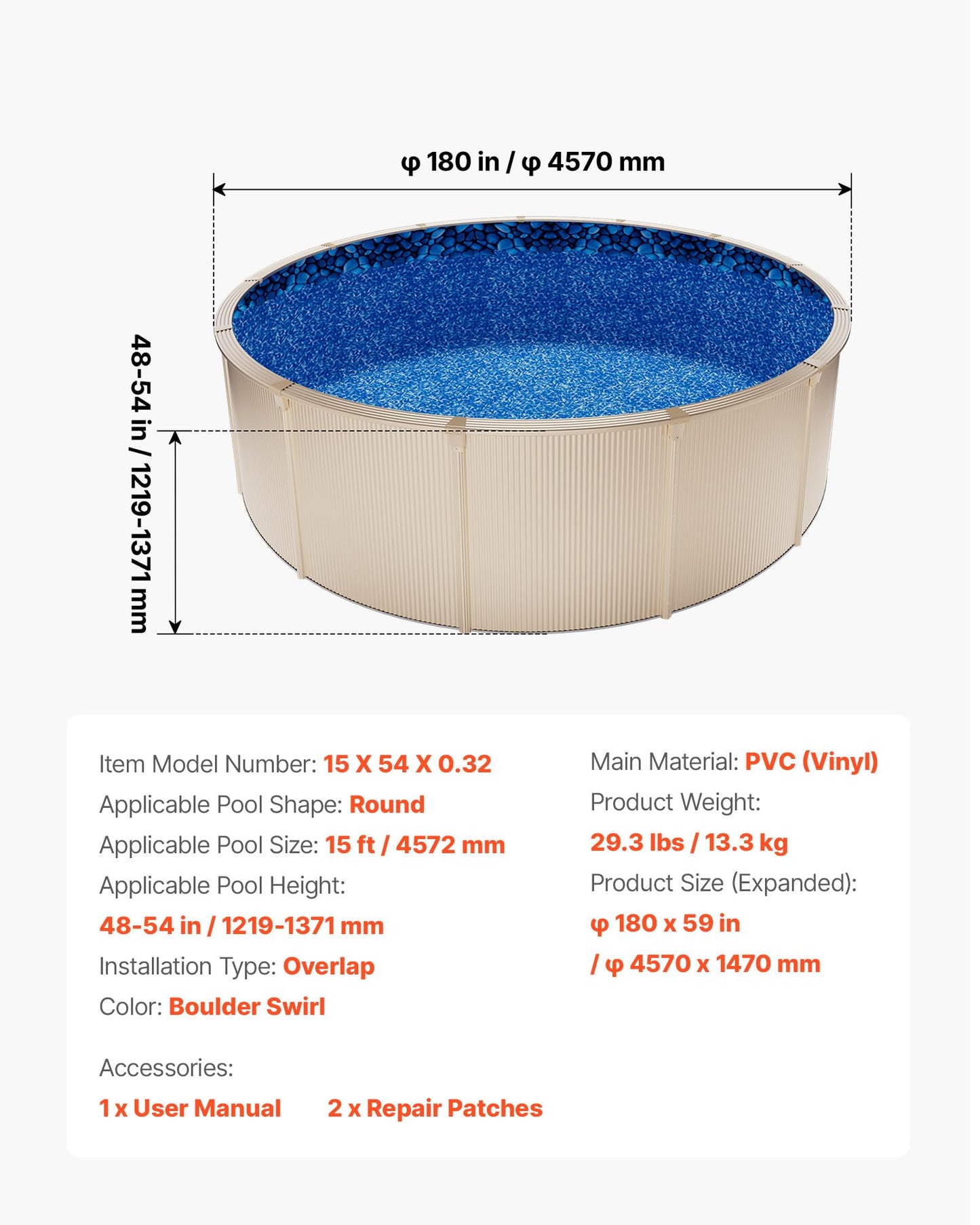 VEVOR 15-ft Round Above Ground Pool Liner, Overlap Pool Liners, Standard Gauge Vinyl, 48-to-54inch Wall Height, Designed for Steel Sided Above-Ground Swimming Pools