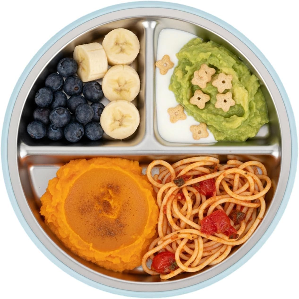 PandaEar 3 Pack Stainless Steel Baby Suction Plates, Divided Toddler Plate for Baby Led Weaning Supplies, Non-Slip Toddler Baby Feeding Set Dishwasher Safe (Blue/Green/Brown, With Lids)