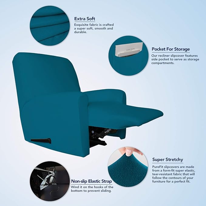 PureFit Super Stretch Recliner Sofa Slipcover with Pocket – Spandex Non Slip Soft Couch Sofa Cover, Washable Furniture Protector with Elastic Bottom for Kids, Pets （Recliner, Peacock Blue）