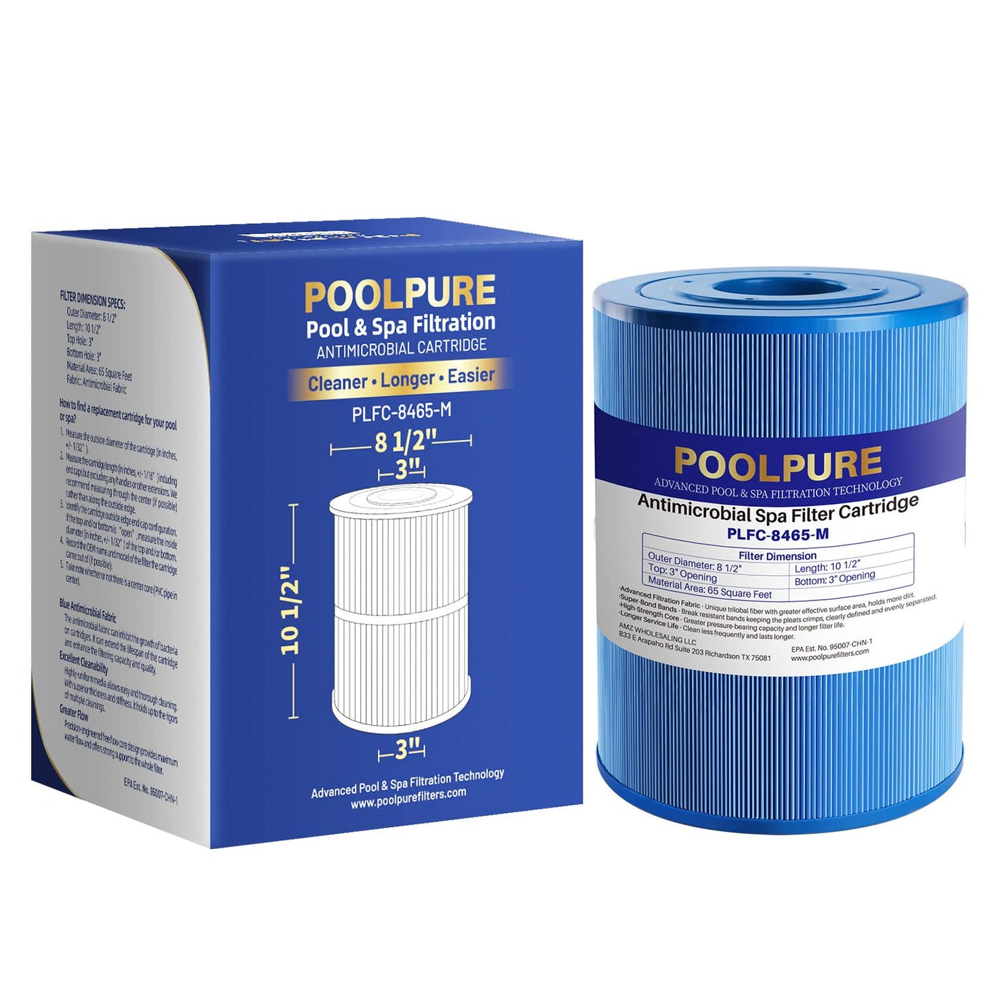POOLPURE PLFC-8465-M Spa Filter Replaces Watkins 31114, Compatible Unicel C-8465RA, Pleatco PWK65-M, Filbur FC-3960M, 71827, 71828, 65 sq. ft Hot Spring Spa Filter 1 Pack (Anti-Biofilm)