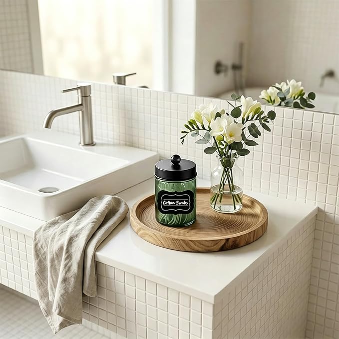 Amolliar 4 Pack Apothecary Jars Bathroom Vanity Storage Organizer Set -Countertop Canister with Stainless Steel Lids &Stickers Qtip Dispenser Holder for Cotton Swab (Green-black Lid)