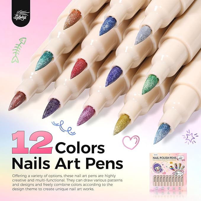 12 Metallic Colors Nail Art Pens Set, 3D Nail Polish Pens Quick-Drying Acrylic Paint Markers, Dotting Liner Brush for DIY Nail Design, Home & Salon Manicure Tools, MarkerPen