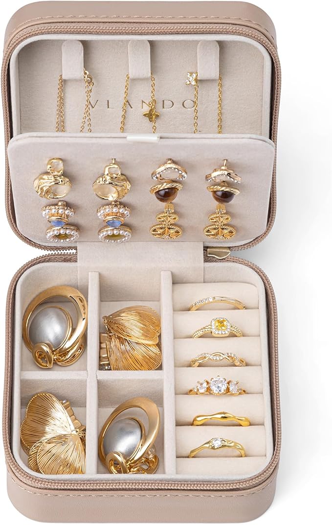 VLANDO Bridesmaid Proposal Gifts - Travel Jewelry Case, Small Travel Jewelry Organizer Box for Girls Women - Toffee