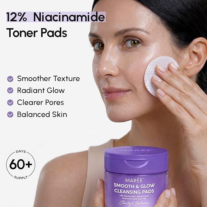 MAREE Niacinamide Toner Pads for Face Ã¢ÂÂ Exfoliating Pads with 12% Niacinamide, Salicylic Acid, Hyaluronic Acid & Tea Tree Ã¢ÂÂ Zero Pore, Uneven Skin Tone, Acne Clearing Facial Pads Ã¢ÂÂ Glow Up Device