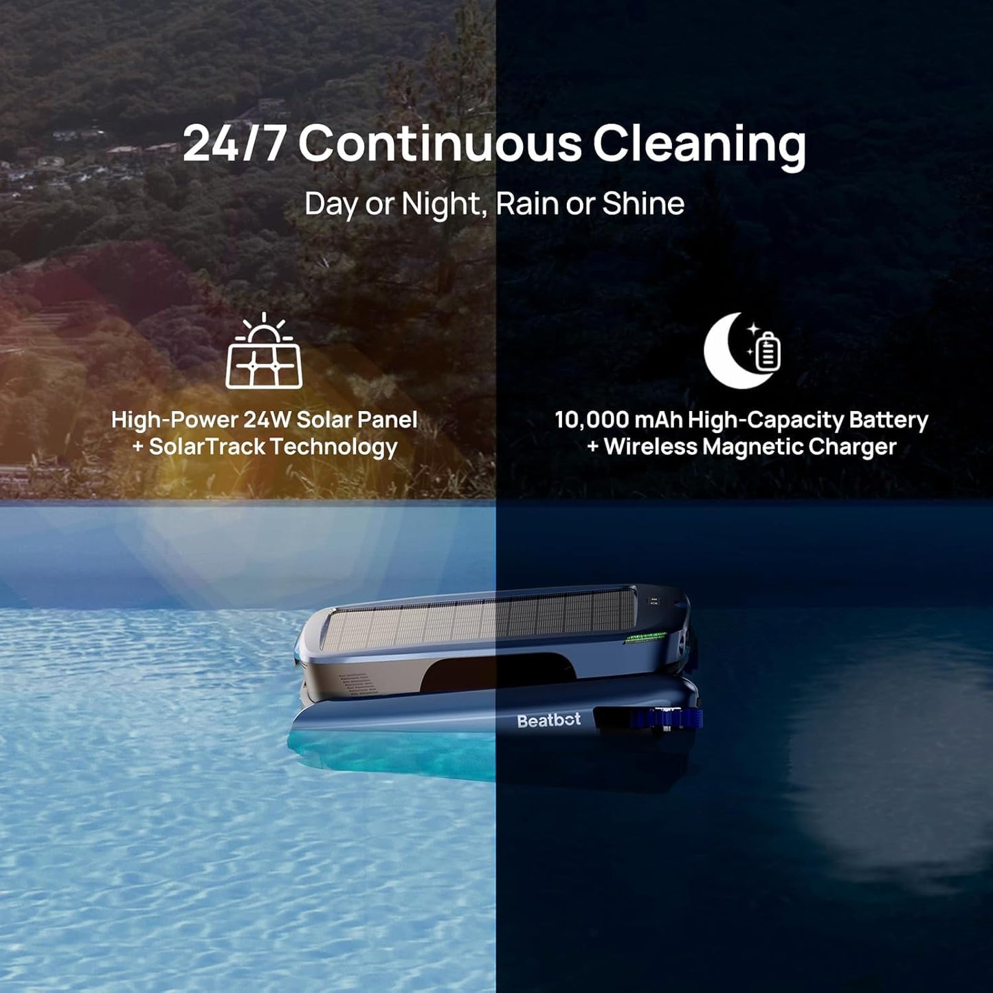 (2025 Upgrade) Beatbot iSkim Ultra 24/7 Cleaning Solar Powered Pool Skimmer with Water Clarification System & APP Control, Voice Broadcast, Dual Charging Options, Edge & Corner Cleaning, Blue