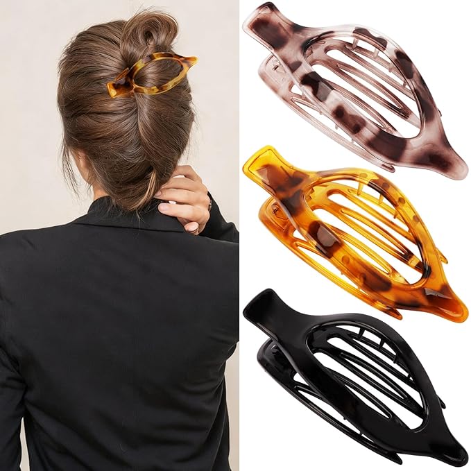 Flat Hair Clips Duckbill Large Claw Clips for Thick Medium Thin Hair 3Pcs Non Slip French Barrettes Alligator Accessories for Women Girls Tortoise Shell Leopard Black