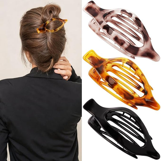 Flat Hair Clips Duckbill Large Claw Clips for Thick Medium Thin Hair 3Pcs Non Slip French Barrettes Alligator Accessories for Women Girls Tortoise Shell Leopard Black