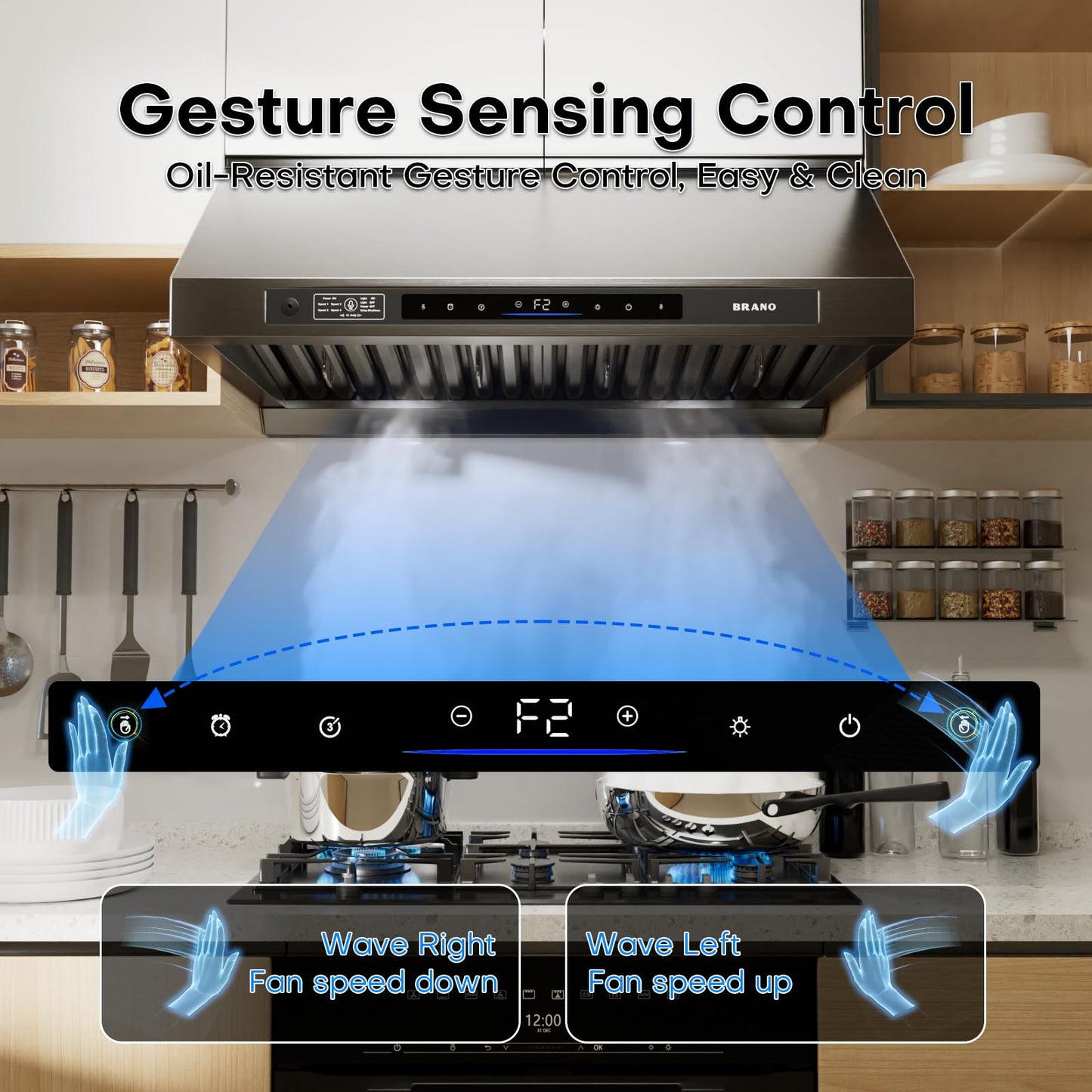 36inch Under Cabinet Range Hood with 1200 CFM Power, Stainless Steel Ducted Vent Hood with Voice & Gesture Control, PVD Titanium Plated Finish, 6 Speed, DC Motor