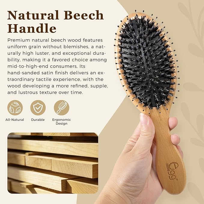 BLACK EGG Boar Bristle Brush for Wet/Dry Hair - Smoothing, Massaging, Detangling, Reduce Frizz, Restore Shine - Bamboo Brush for Women, Men, Kids
