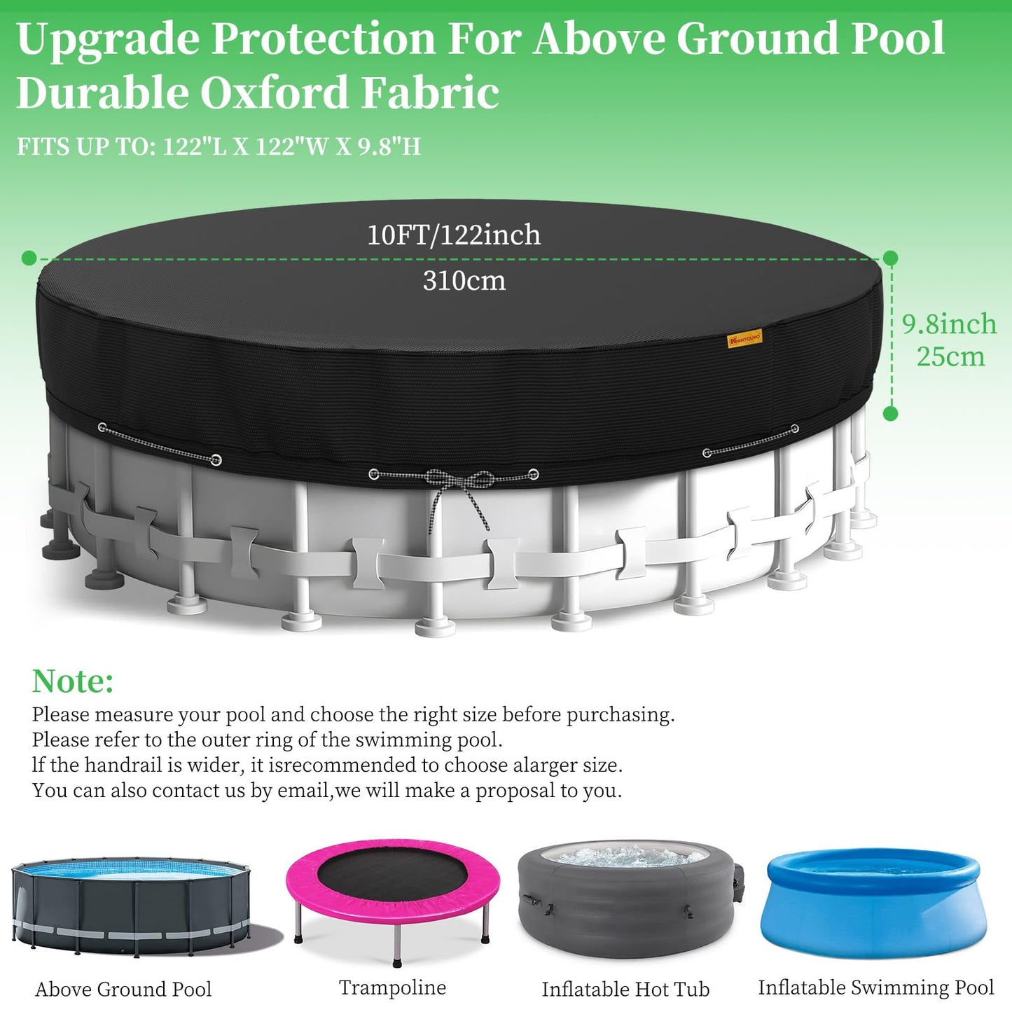 10Ft Round Pool Cover,Heavy Duty Waterproof Round Pool Covers for Above Ground Pools with Ground Nails and Windproof Ropes,Increase Stability&Tear-Resistant, Waterproof and Dustproof, Black