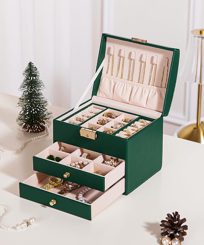 Homde Girls Jewelry Box with Lock: 3 Layer Organizer with Removable Tray - Storage for Ring Necklace Earring - Birthday & Return Gifts for Young Women (Midnight Green)