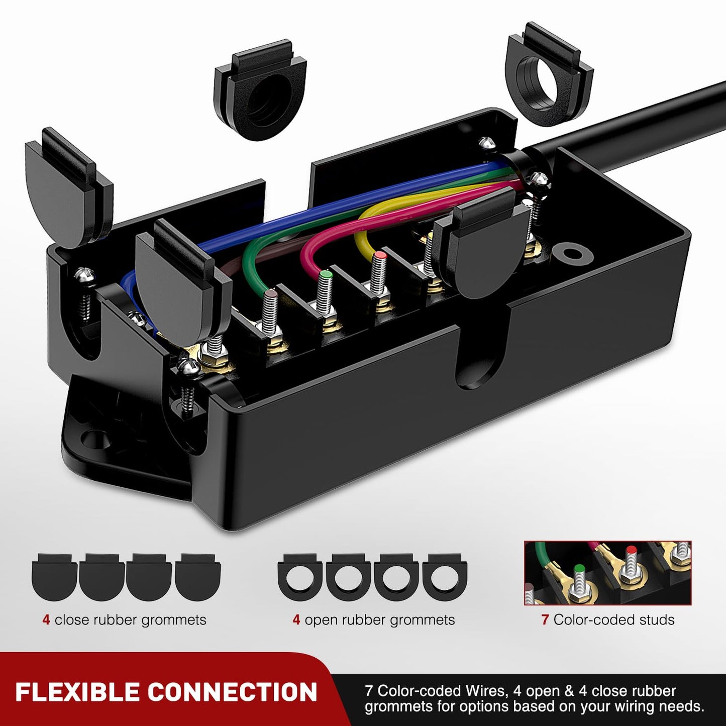 Nilight Heavy Duty 7 Way Inline Trailer Plug with 7 Gang Weatherproof Junction Box - 12 Feet Connector Cable Wiring Harness Suitable for RV Automotives Cars