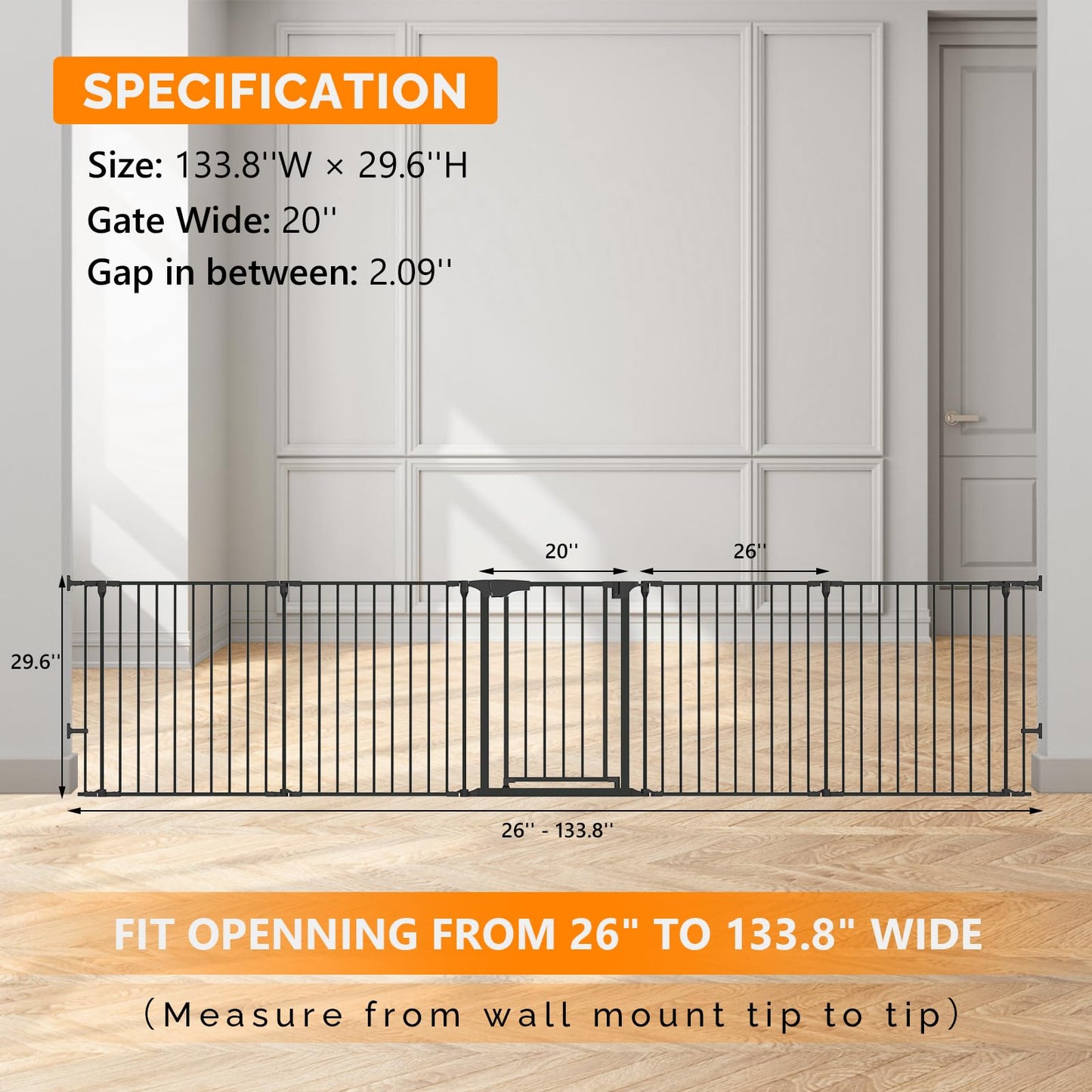 Bonnlo 120 Inches Wide Configurable Baby Gate, Fireplace Safety Fence/Guard, Adjustable 5-Panel Metal Play Yard for Toddler/Pet/Dog, Christmas Tree Fence, Includes 4 Pack of Wall Mounts, Black