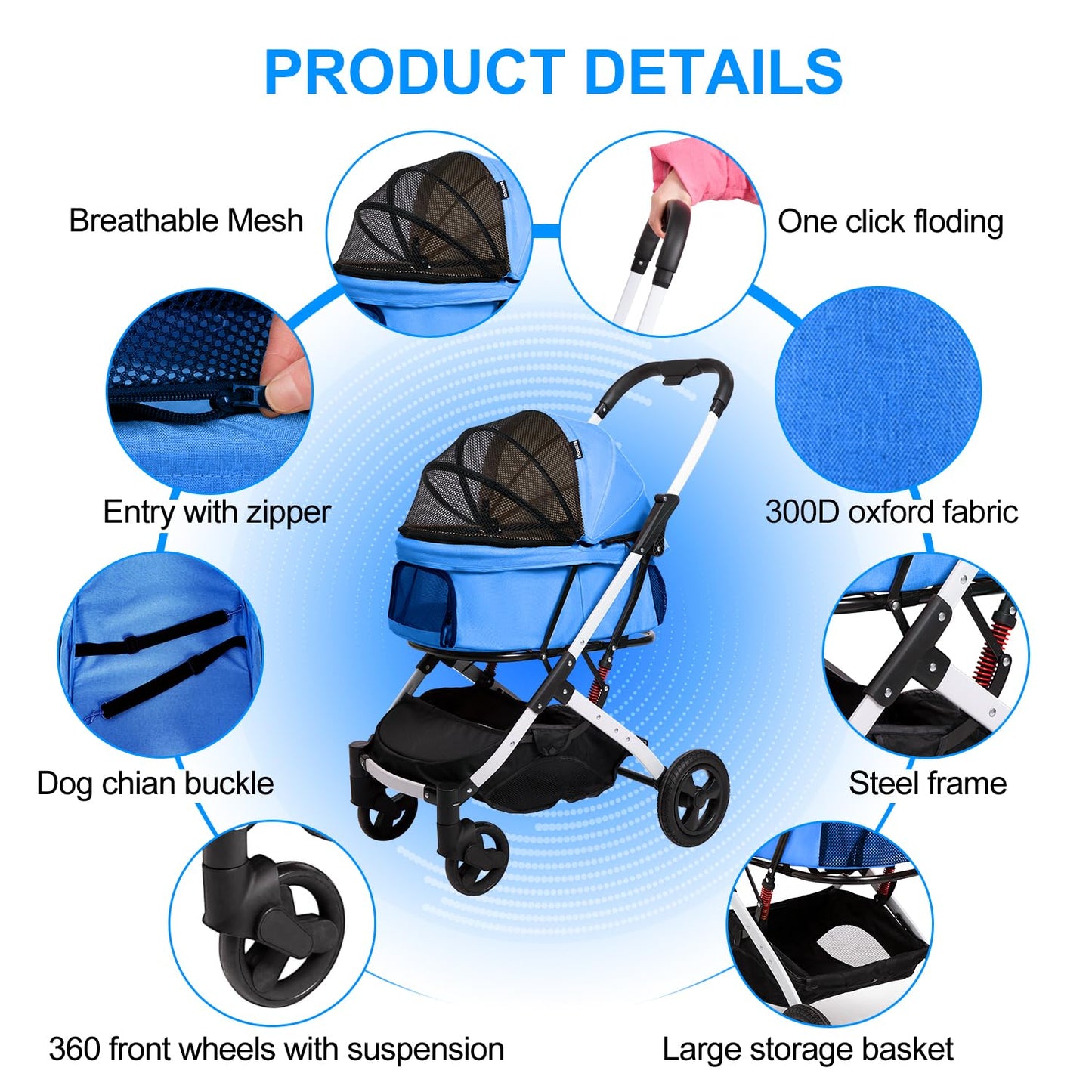 BETSOCCI Pet Stroller for Medium Small Dog & Cat, Foldable Lightweight Dog Stroller with Storage Basket Pet Travel Carriage with Safety Leashes, 4 Wheel, Blue