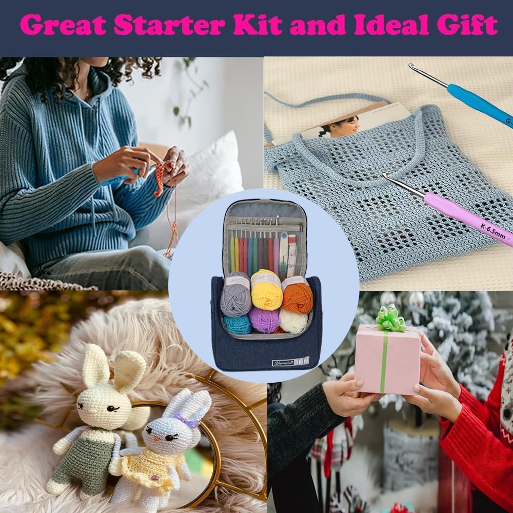 Yarniss Crochet Kits for Beginners,All in One Crochet Kits with 840 Yards Crochet Yarn,Ergonomic Crochet Hooks Set with Yarn for Adults,Navy