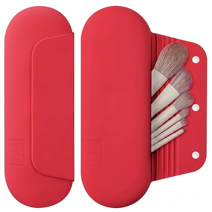 Silicone Makeup Brush Holder Travel Cosmetic Bag：Soft Portable Cosmetic Face Brushes Holder with Upgrade Anti-Fall Out Magnetic Closure, Large Travel Makeup Brush Case - Carmine