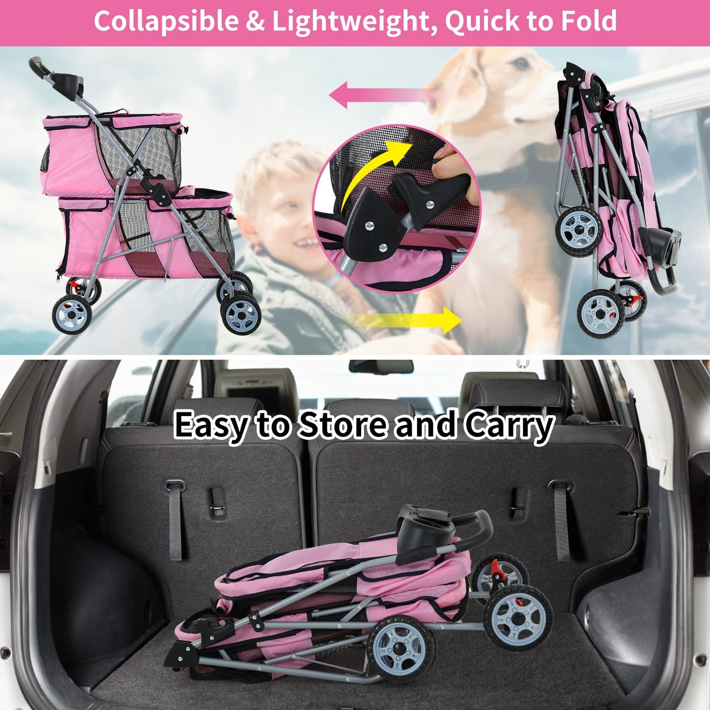 Dog Stroller 4 Wheels Cat Stroller Double Layer Pet Strollers Pet Carriers Jogger Strollers for Medium Dogs Cats Travel Camping Strolling Cart with Cup Holder Removable Liner, Pink