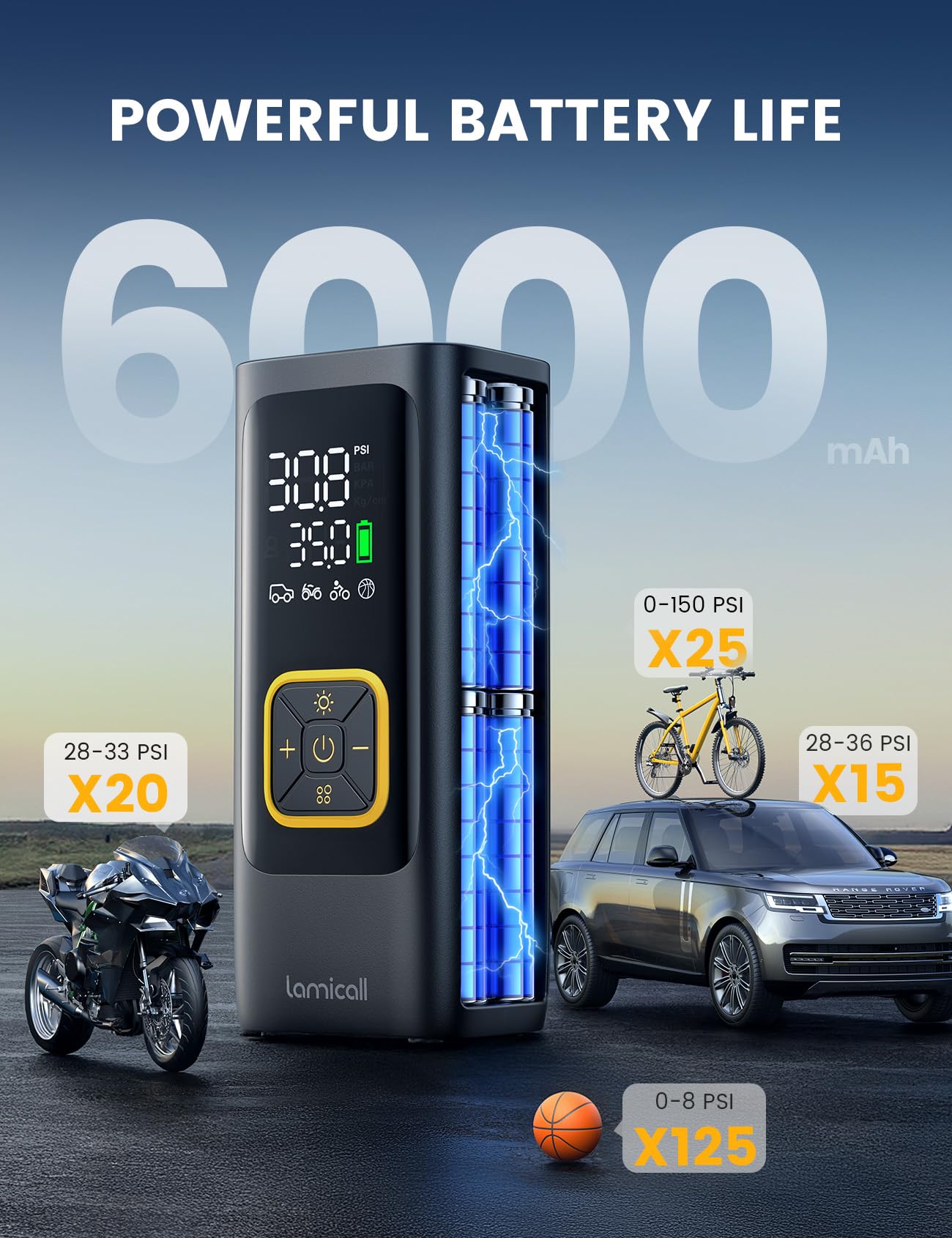 Car Tire Inflator Portable Air Compressor - Lamicall [4X Faster][150 PSI] Bike Air Pump, Rechargeable Battery, Pressure Gauge Display, LED Light, Automatic Car Cordless Pump for Motorcycle, Bike, Ball