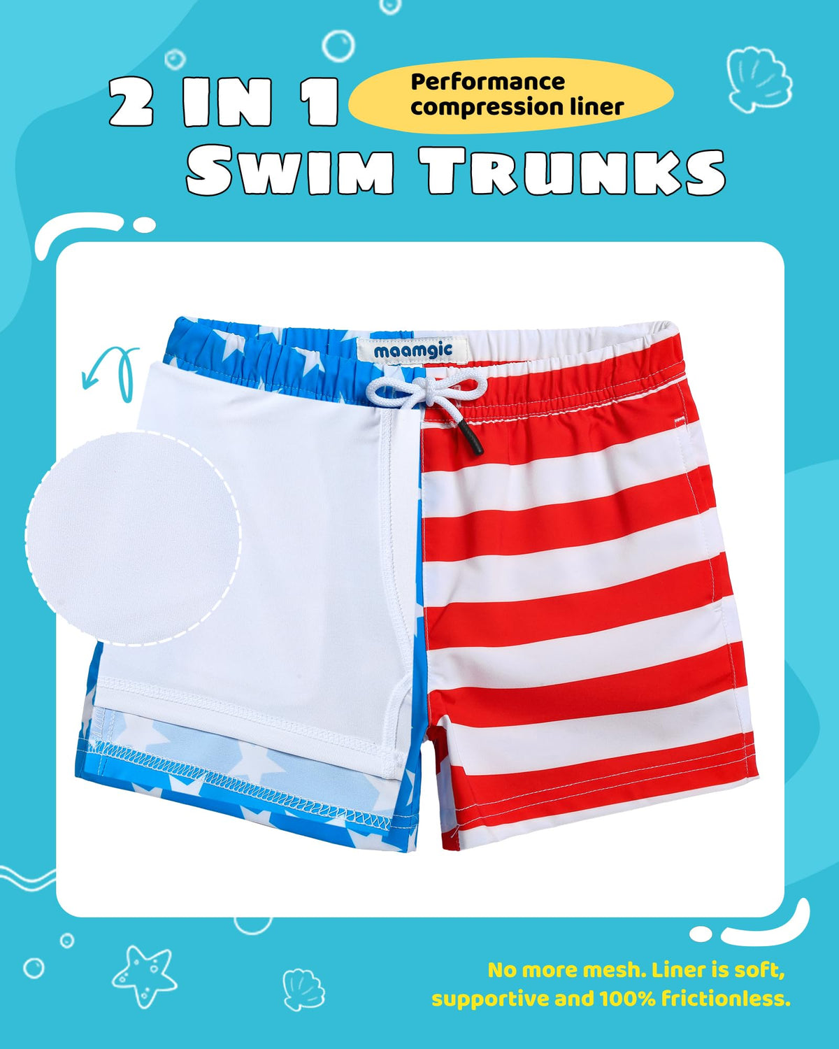 maamgic Boys Swim Trunks with Compression Liner Toddler Stretch Swim Shorts Quick Dry Swimming Trunks Boxer Brief 2 in 1 Beach Shorts American Flag 14/16