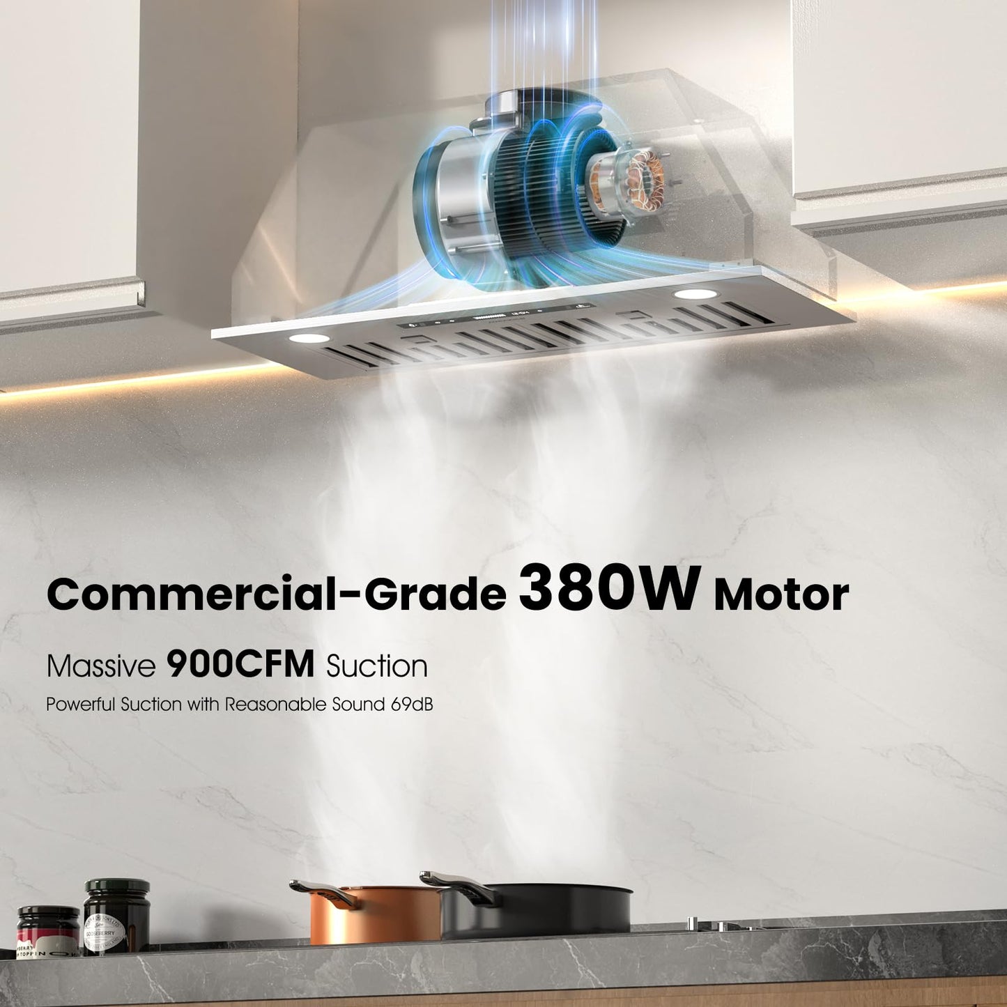 AURAKICH 30 inch Range Hood Insert, 900 CFM Kitchen Vent Hood with Full Copper Motor, Triple Smart Controls, Tunable LED Lighting, Included Charcoal Filters & Duct Pipe