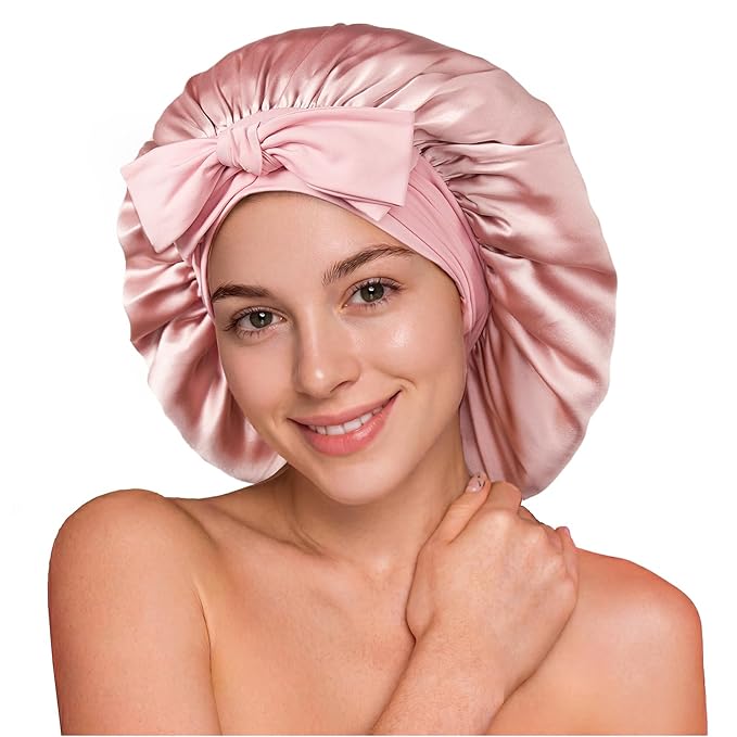 YFONG 100% 22 Momme Mulberry Silk Bonnet for Sleeping Women, Larger Double Layer Silk Hair Wrap for Curly Short Long Hair, Non-Slip Sleep Cap Turban with Elastic Tie Band for Hair Care, Pink