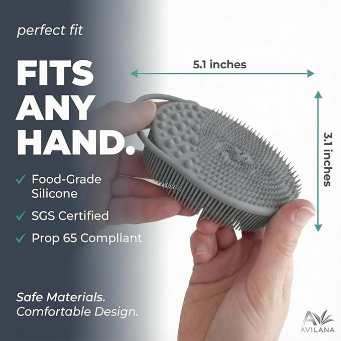 Avilana Premium Exfoliating Body Scrubber - Trusted Since 2017 - SGS Certified Silicone Bath Brush, Firm Bristles Smooth Rough Bumpy Skin Texture, Dual Sided Loofah Alternative Women Men Kids