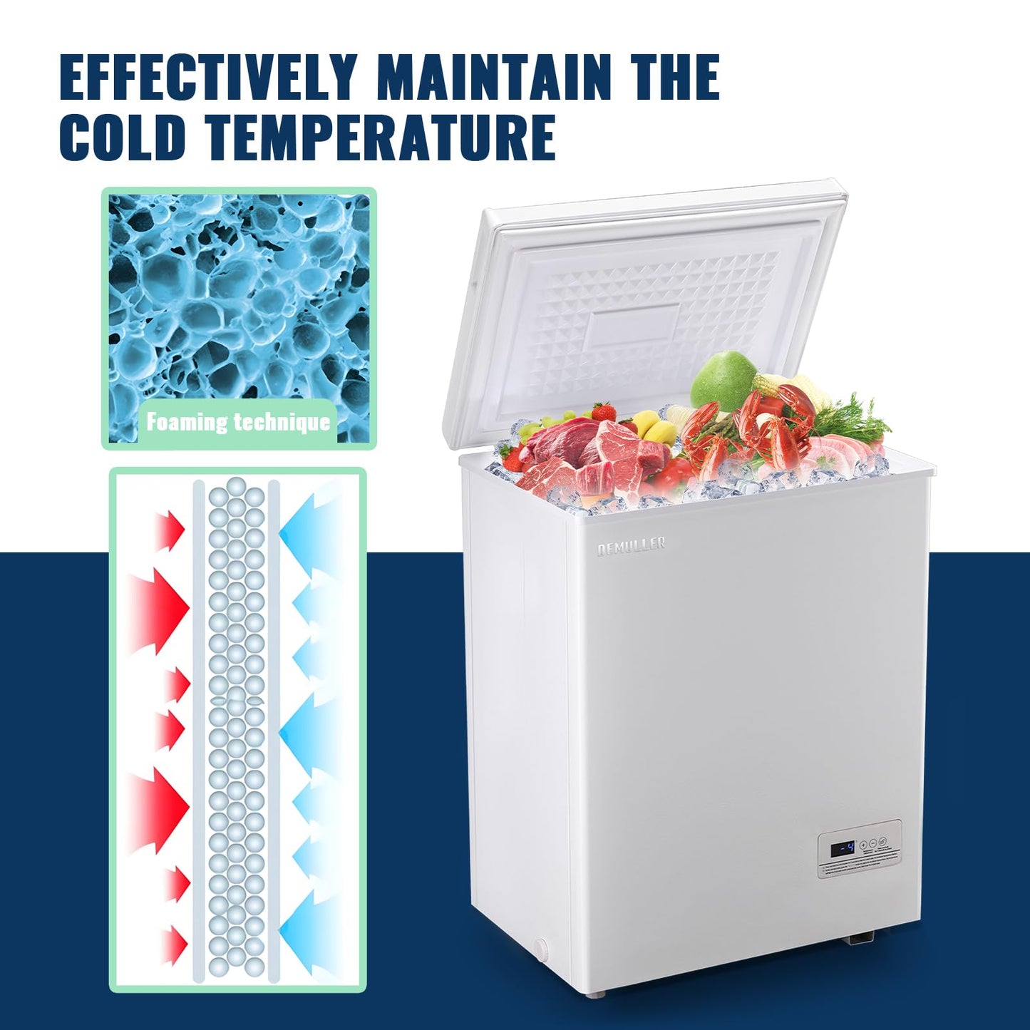 DEMULLER Chest Freezer with 2 Removable Baskets 3.5 Cu.ft Compact Freezers with Electronic Thermostat (50 ℉ to -12 ℉), Stay-Open Lid, Manual Defrost, Kitchen Office Apartment, White