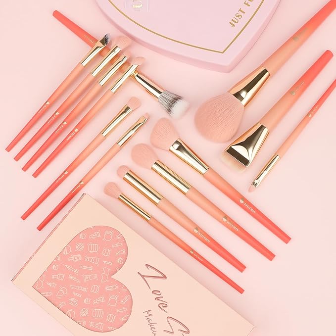 DUcare Valentine's Day Gift Makeup Brushes 14Pcs Love Makeup Brush Set Premium Synthetic Kabuki Foundation Blending Face Powder Blush Concealers Eye Shadows Brushes