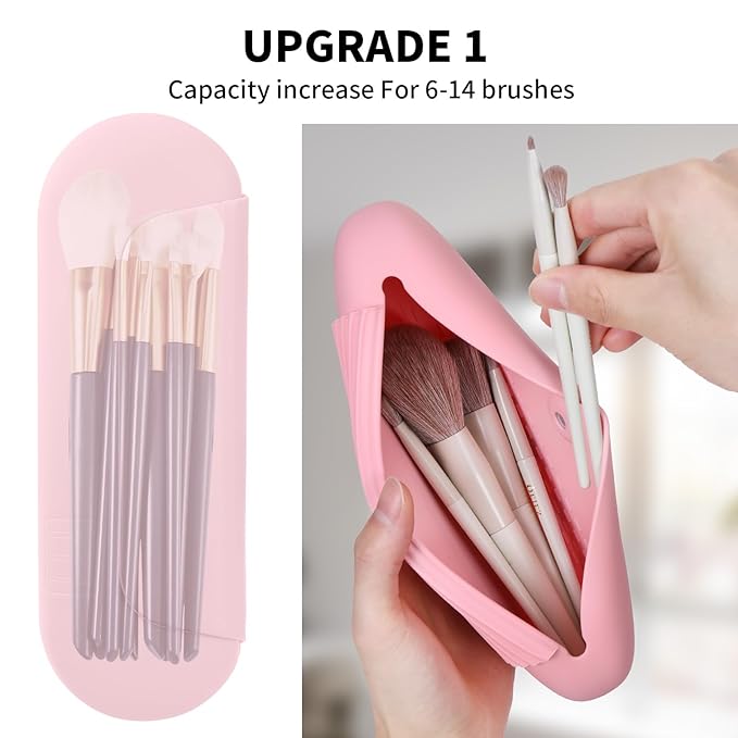 2 IN 1 Silicone Makeup Brush Holder with Beauty Make Up Sponge Holder Case：Soft Portable Cosmetic Face Brushes Holder with Upgrade Anti-Fall Out Magnetic Closure - Pink