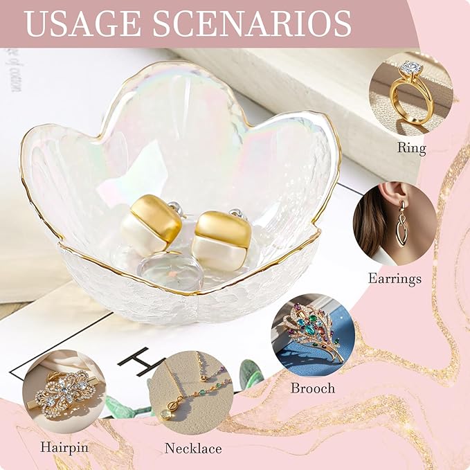 White Flower Jewelry Dish Glass Ring Dish Jewelry Tray Cute Vanity Organizer Room Decor Aesthetic Nightstand Bathroom Decor Trinket Dish Ring Holder Jewellery Tray Valentine's Birthday Gifts for Women