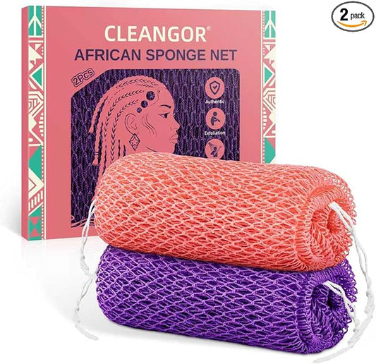 Cleangor 2Pcs African Net Sponge Authentic with Knots - Exfoliating Body Scrubber for All Skin Types, African Bath Sponge, Wash Cloth, Gentle Exfoliation Shower Rag for Women Daily Use(Pink & Purple)