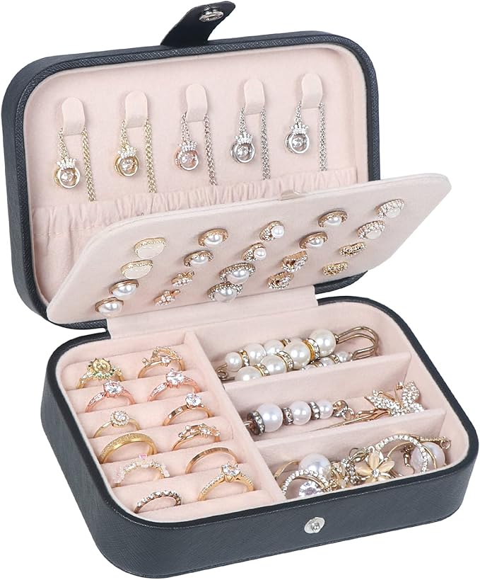 Hatori Travel Jewelry Box, PU Leather Small Jewelry Organizer for Women Girls, Portable Mini Travel Case Display Storage Holder Boxes for Stud Earrings, Rings, Necklaces, Bracelets (Black Beige)