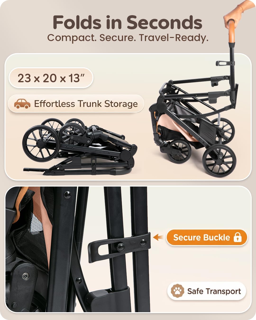 PAWLALA Pet Stroller with Detachable Carrier for Small & Medium Dogs & Cats, Smooth Comfort Ride with Shock-Absorbing Suspension, Foldable Dog Stroller, Compact Storage (Peach Pink)