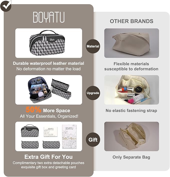 BOYATU Travel Makeup Bags for Women: Large Capacity Cosmetic Bag Set of 3 - Vegan Leather Make up Bags with Compartments - Wide Open Waterproof Toiletry Organizer Bag with Handle (P-04-Black)