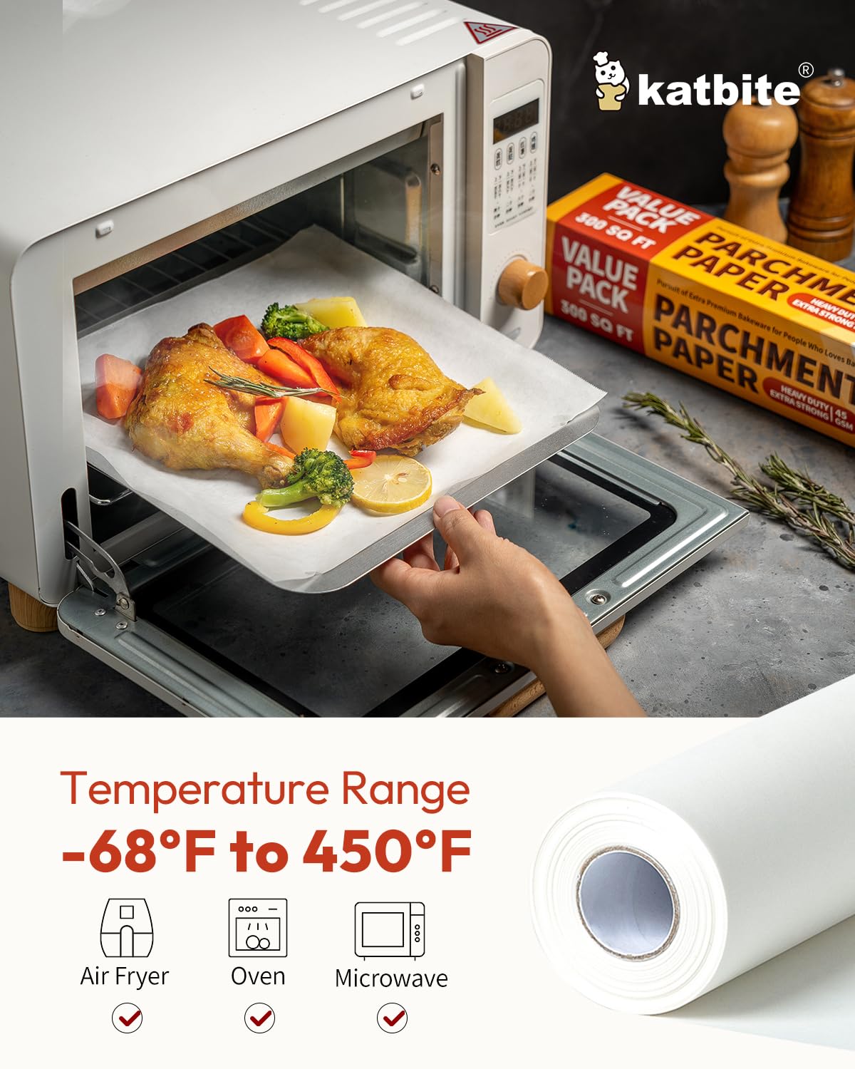 Katbite 15in x 242ft, 300 Sq.Ft Value Pack Parchment Paper Roll for Baking, Parchment Baking Paper with Serrated Cutter, Heavy Duty & Value Pack Roll for Cooking, Air Fryer, Steaming, Bread