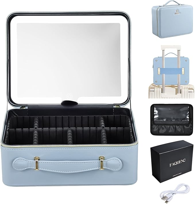 Faquenc Leather Makeup Case with LED Lighted Mirror 11.4 Inch Travel Makeup Bag Adjustable Brightness in 3 Colors Cosmetic Organizer Artist Storage Bag with Dividers Brush Holder Bag Vanity Blue