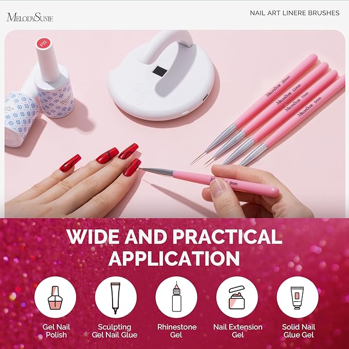 MelodySusie Nail Art Liner Brushes 5Pcs Professional Gel Polish Painting Art Design Pen Set for Thin Long Lines, Tiny Details, Fine Drawing, Delicate Coloring Sizes 5/7/9/11/20mm