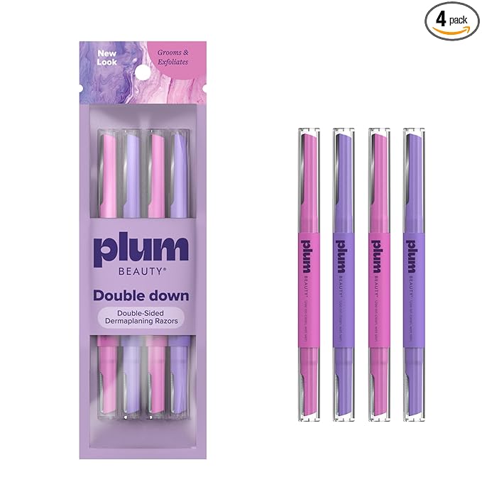 Plum Beauty Double-Sided Dermaplaning Razors (4-Pack) Ã¢ÂÂ Dual-Blade Facial Razors for Women - Precision & Large Blades for Brows, Upper Lip, & Cheeks - Peach Fuzz Remover & Exfoliating Face Tool