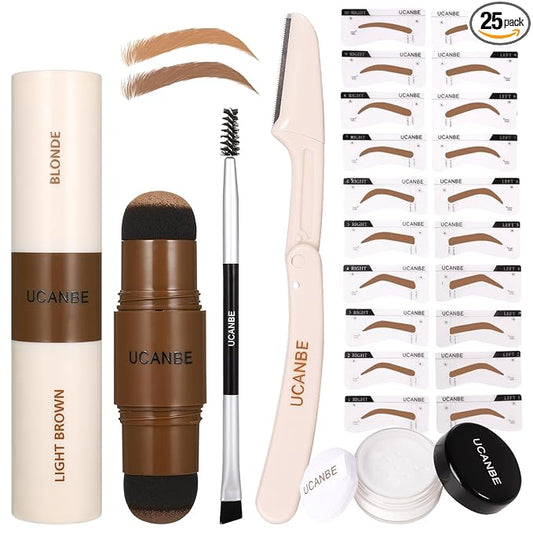 UCANBE 25PCS Eyebrow Stamp Stencil Kit With Dual-Color Eyebrow Stamp Pomade,20 Reusable Eyebrow Stencils,Finising Powder,Brush,Eyebrow Razor,Zipper Pouch,Waterproof Eye Brow Stamping and Shaping Kit01
