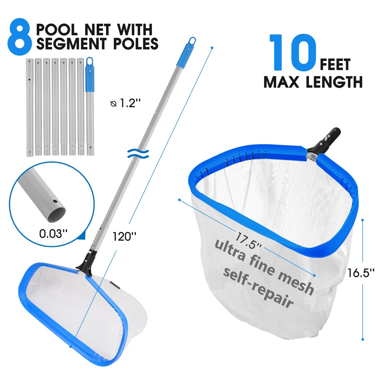 TidyMister Pool Cleaning Kit Full Set - 17.5'' Self-Repair Pool Nylon Net Ultra Fine Mesh & 17.5'' Detachable Round End Pool Brush & 10 Ft Pool Pole with Hook, for Above Ground In-ground Pools, Spas